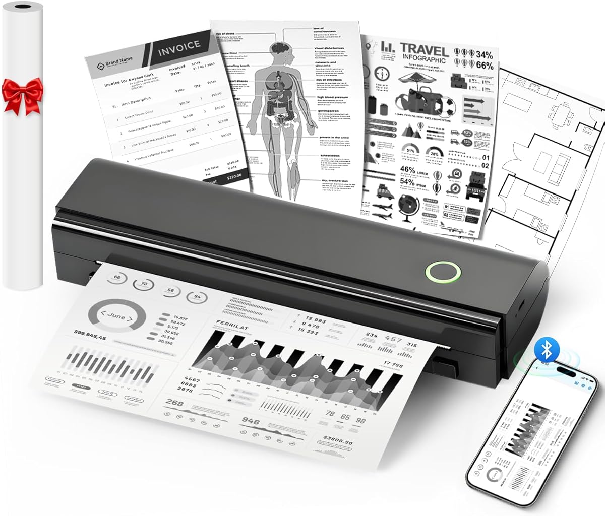 Portable Printers Wireless for Travel, N80 Wireless Thermal Printer Bluetooth Inkless Printer Support 8.5" X 11" US Letter & A4, Compatible with iOS, Android, Laptop