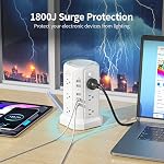 PASSUS Tower Power Bar with Surge Protector,10 FT Long Extension Cord Indoor with 12AC Multiple Outlet and 5 USB(1 USB C) Ports, Power Tower Desktop Charging Station,White