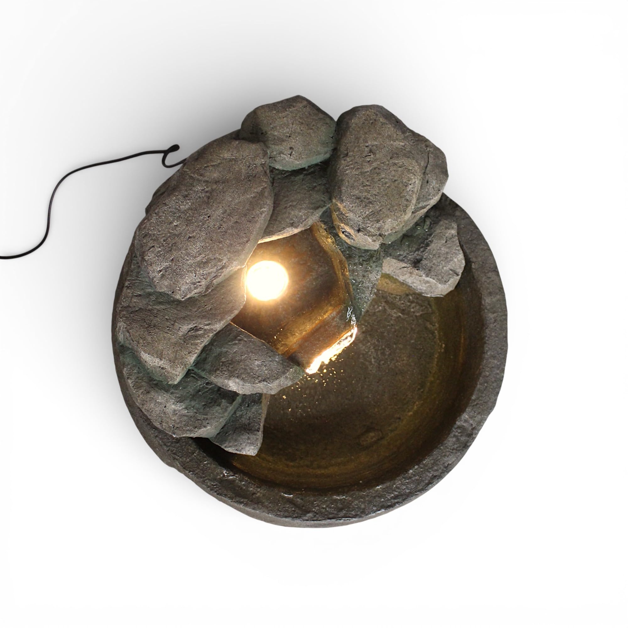 Gartenbrunnen BK911 Ø50 cm – Runder Springbrunnen in Steinoptik mit Wasserfall, warmweiße LED Beleuchtung Deko Teich