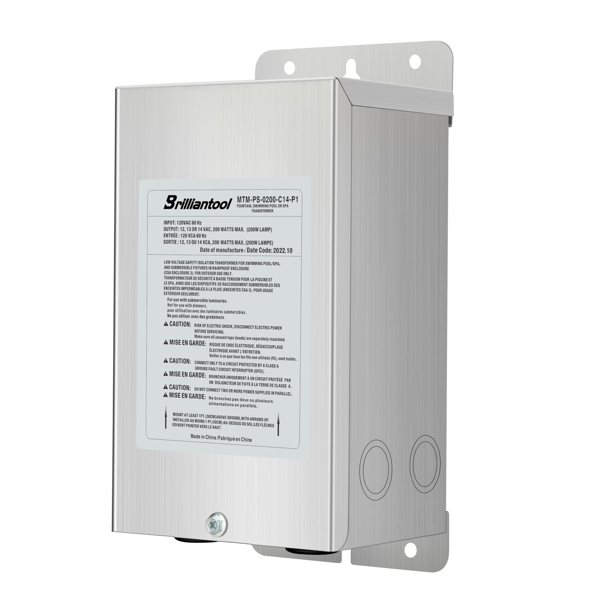 Transformador de luz para piscina con carcasa de acero inoxidable, 200 W, convierte 120 V CA a 12 V/13 V/14 V CA, transformador multienchufe resistente a la intemperie
