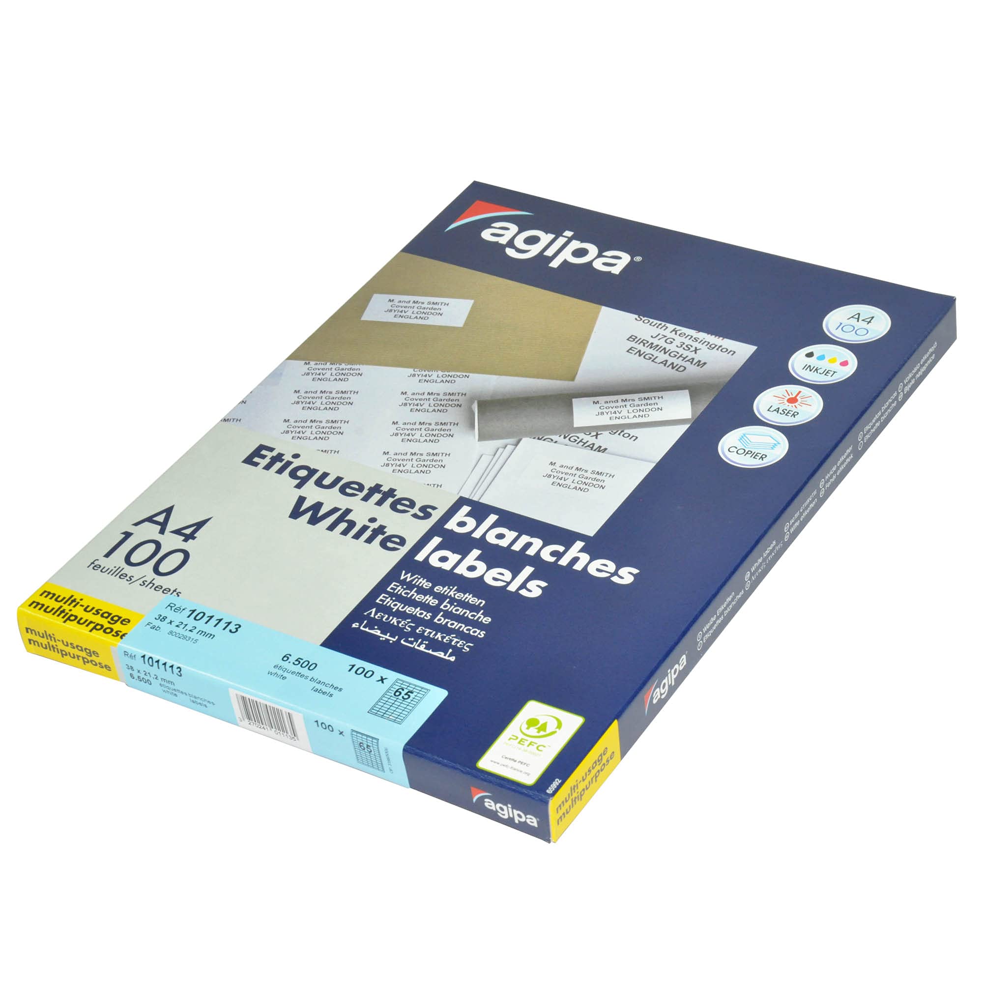 AGIPA Multi-Purpose White Labels, A4 Sheets (210x297mm), 38x21.2mm Stickers, 100 Sheets with 65 Labels Each, 6500 Plain White Labels, Compatible with Inkjet, Laser, Copier-APLA101113