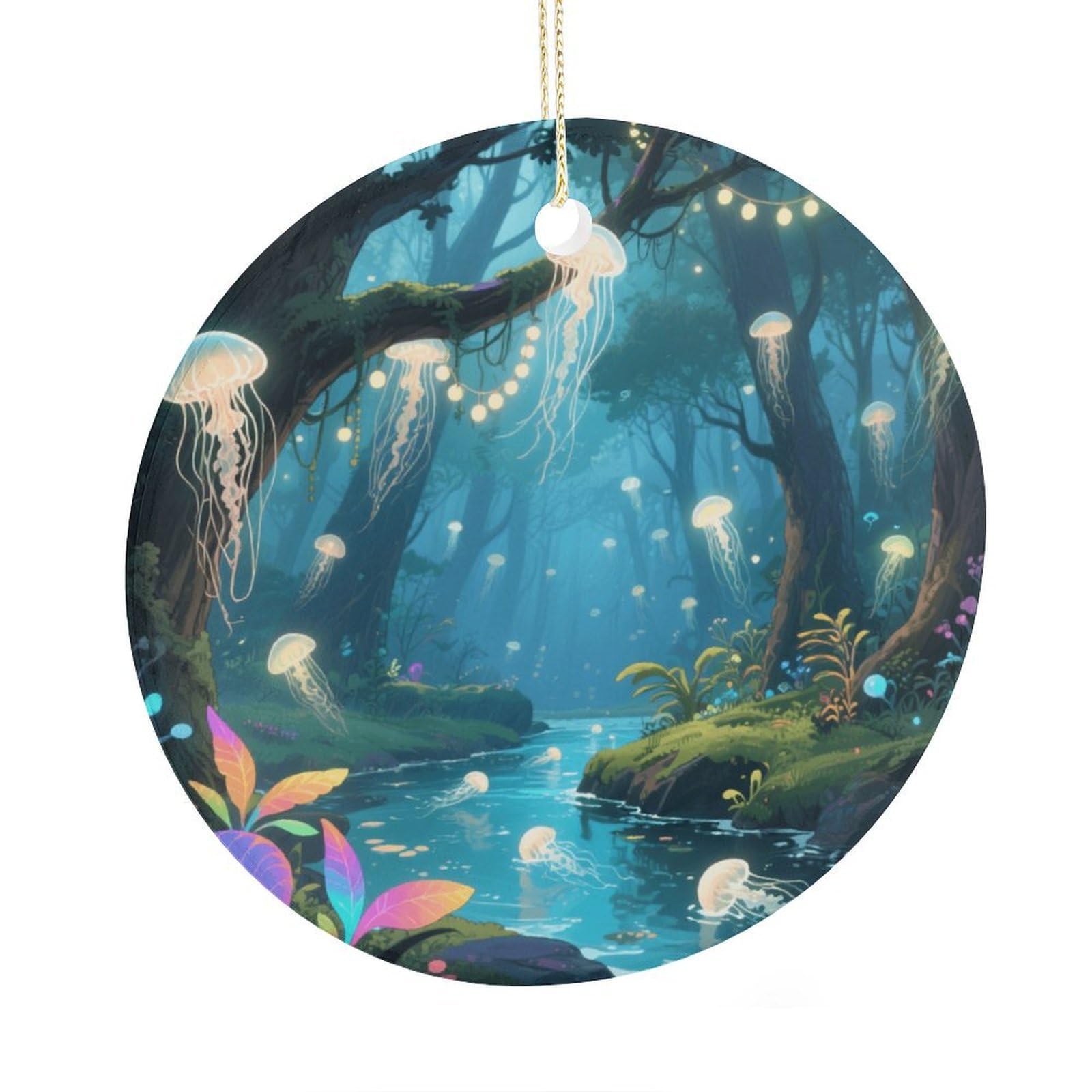 Fekiloot Style Jellyfish Forest Christmas Ornaments 2.9 Inch Round Ceramic Ornament Keepsake Thank You Gifts For Office, Room, Home - Holiday Present Ideas