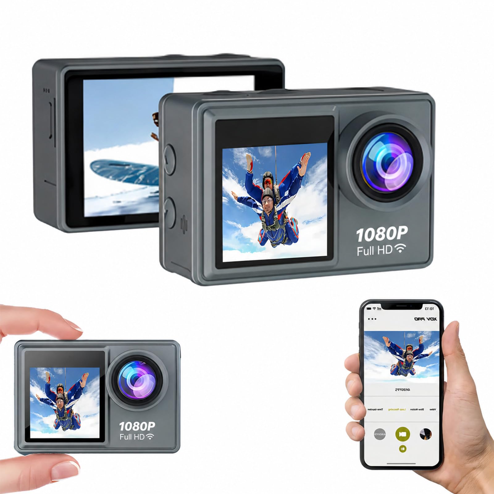 Danxon Action Kamera 1080P 30fps, 50MP Action Cam mit Dual Display, EIS Stabilisierung, 30m Wasserdicht, WLAN App Steuerung, Mikrofon & Zubehör (grau)