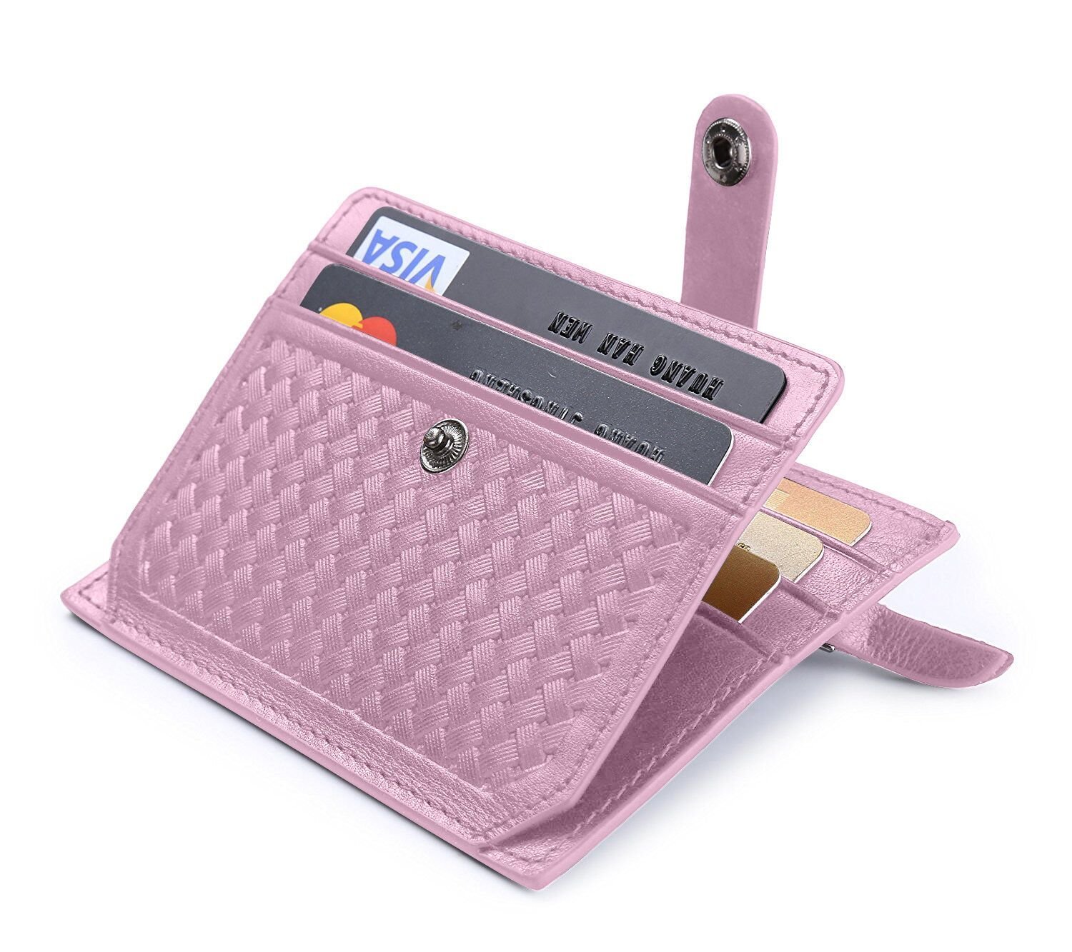 Porte-cartes En Cuir Véritable Rose - Blocage RFID, Poche à Monnaie Zippée, Format Bifold