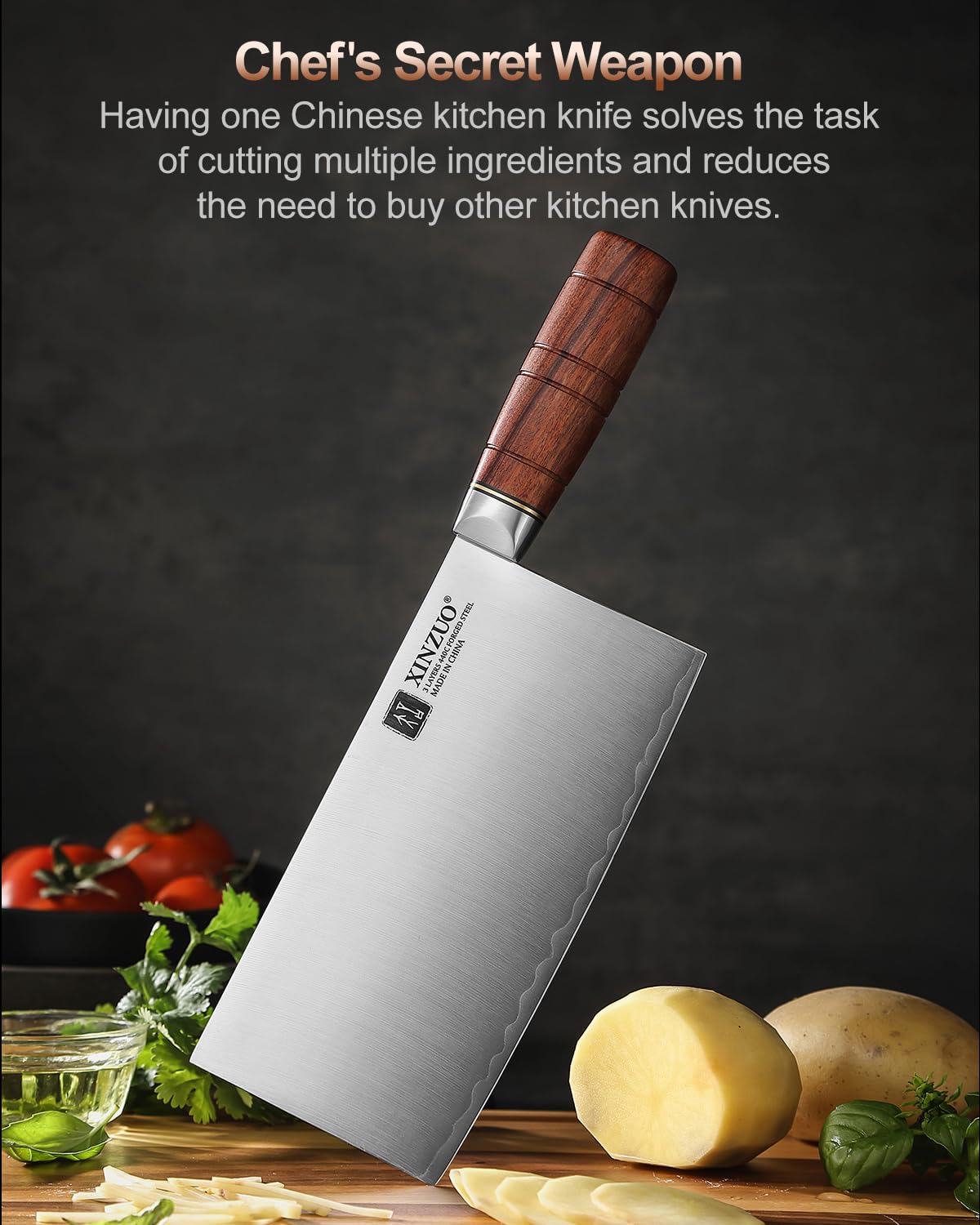 XINZUO Couperet Couteau Chef Chinois 18,8cm Acier Inoxydable Poignée Red Wood