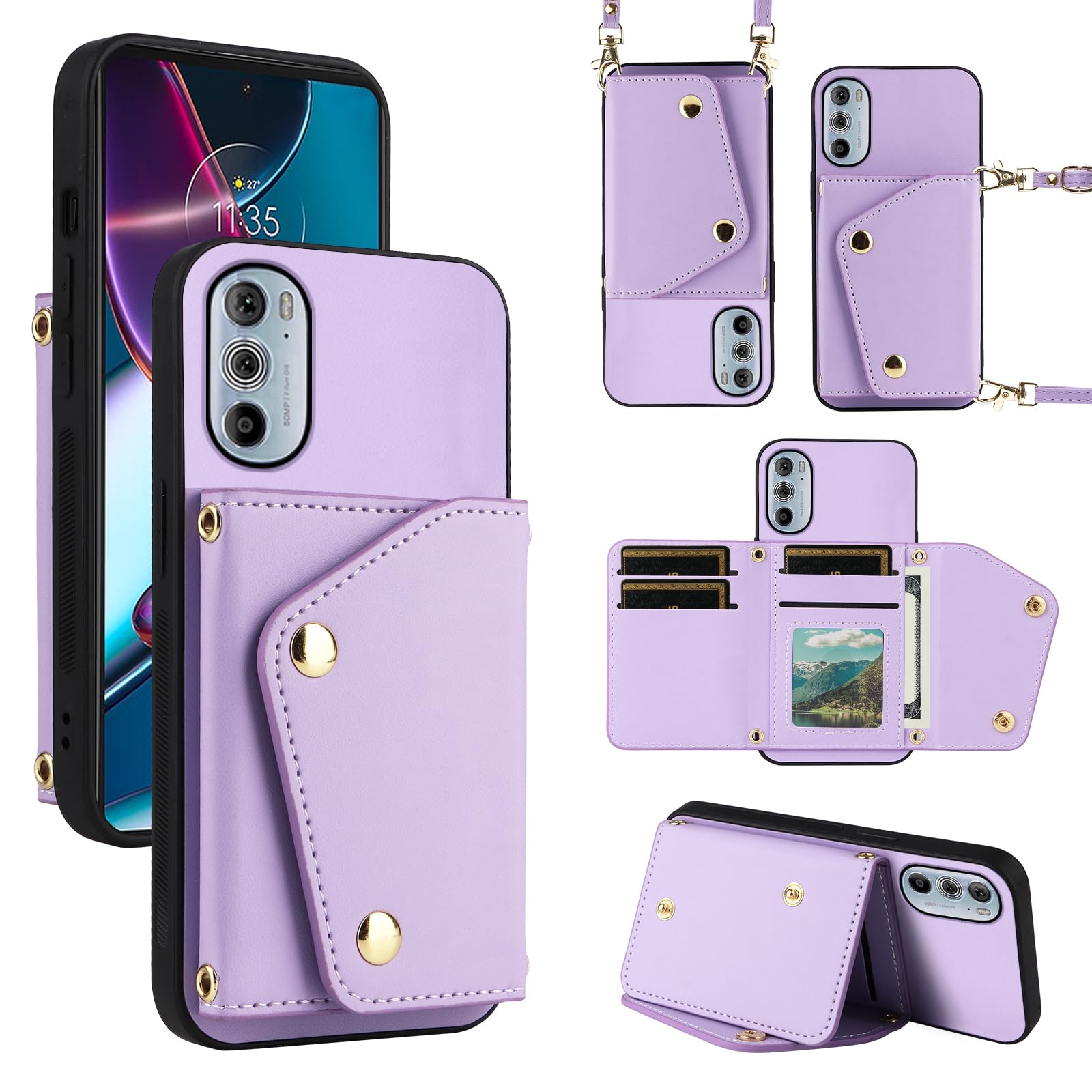 Dibosom Luxury Wallet Case for Motorola Edge+ Plus 2022/Edge X30/30 Pro with Thin Slim Flip Purse & Shoulder Strap,Credit Card Holder Stand