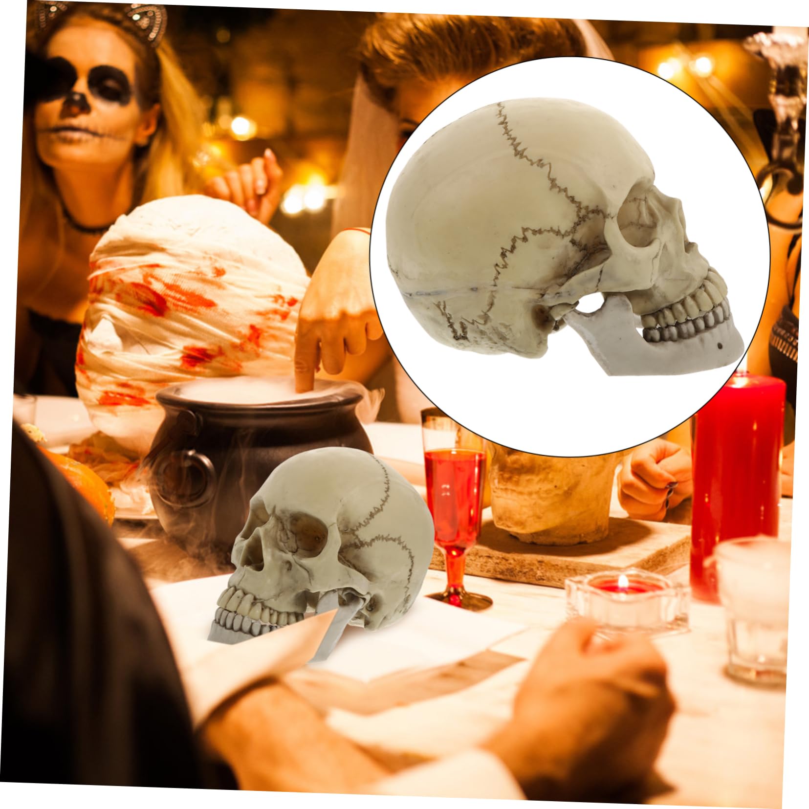 1 Pieza de Cráneo de Resina Estatua Decorativa para Halloween Cráneo Adulto con Mandíbula Móvil Ornamentación de Fiesta Resistente y Duradera