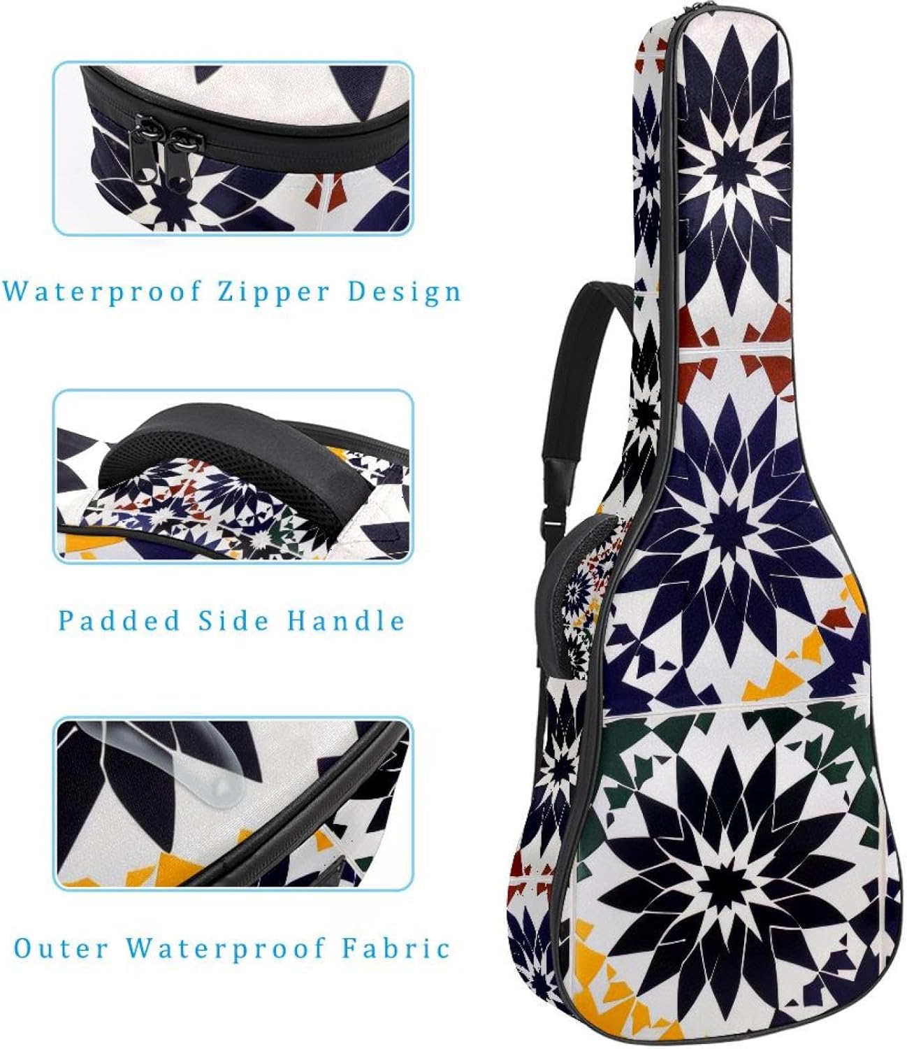Moroccan Art Pattern Acoustic Guitar Gig Bag, 1 cm Thick Padding Waterproof Guitar Bag Backpack for 40 41 42 Inch Electric Bass Classical Guitars