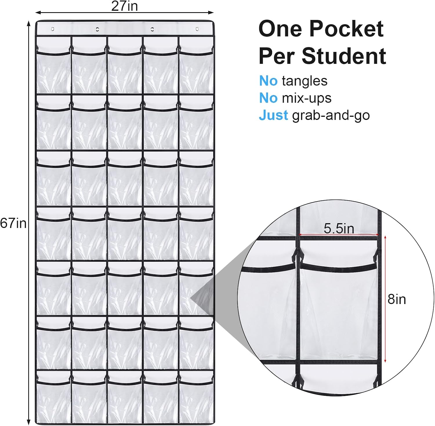 Headphone Storage Classroom,Over The Door Hanging Classroom Headphone Storage with Digital Stickers,35 PVC Clear Organizer Holder Pockets with 4 Hooks for Headphone Organizer Classrooms image 2