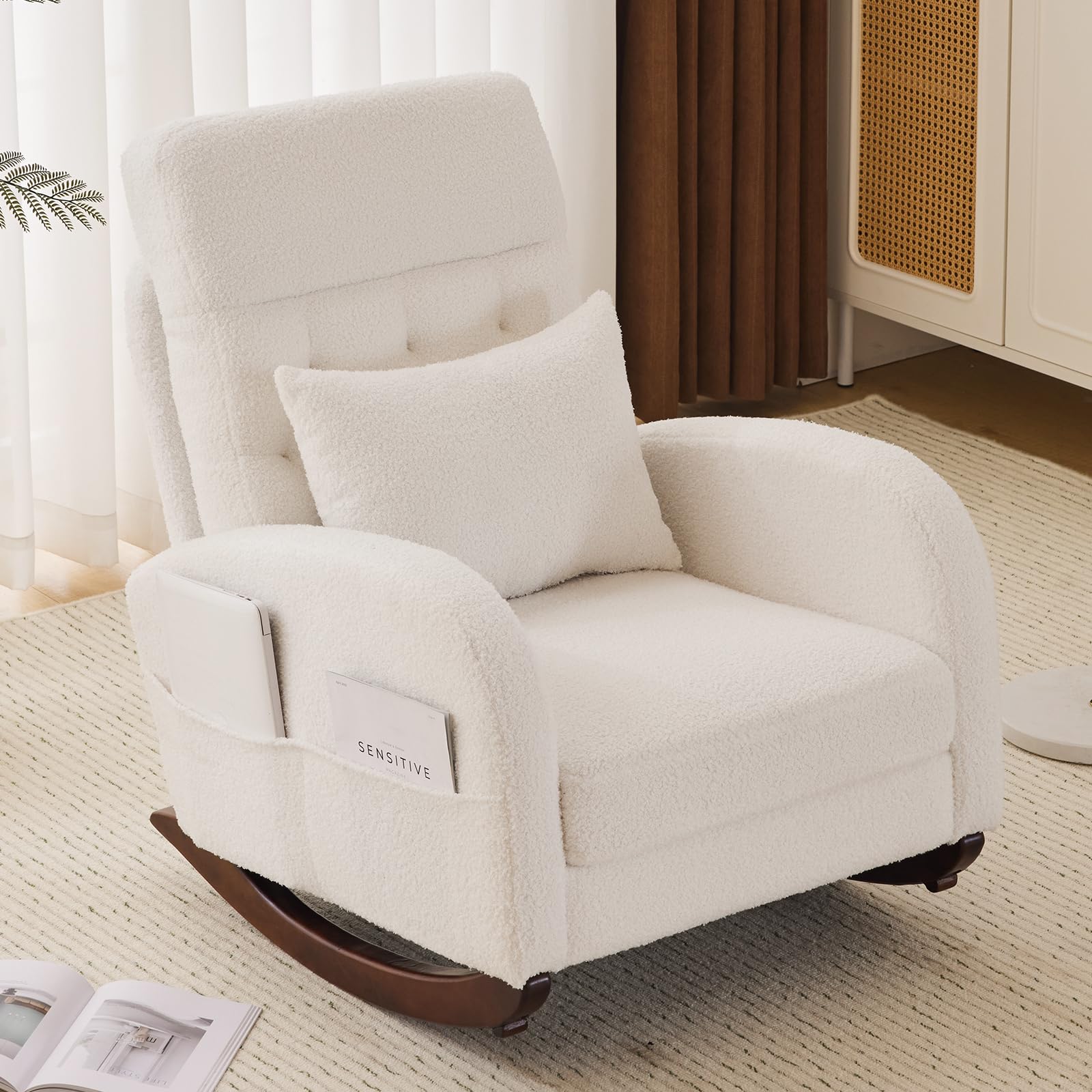 VINGLI Teddy Fleece Low Seat Rocking Chair,Boucle Upholstered Nursery Glider Chair with Side Pockets,Accent Arm Chair with High Backrest,Comfy Head