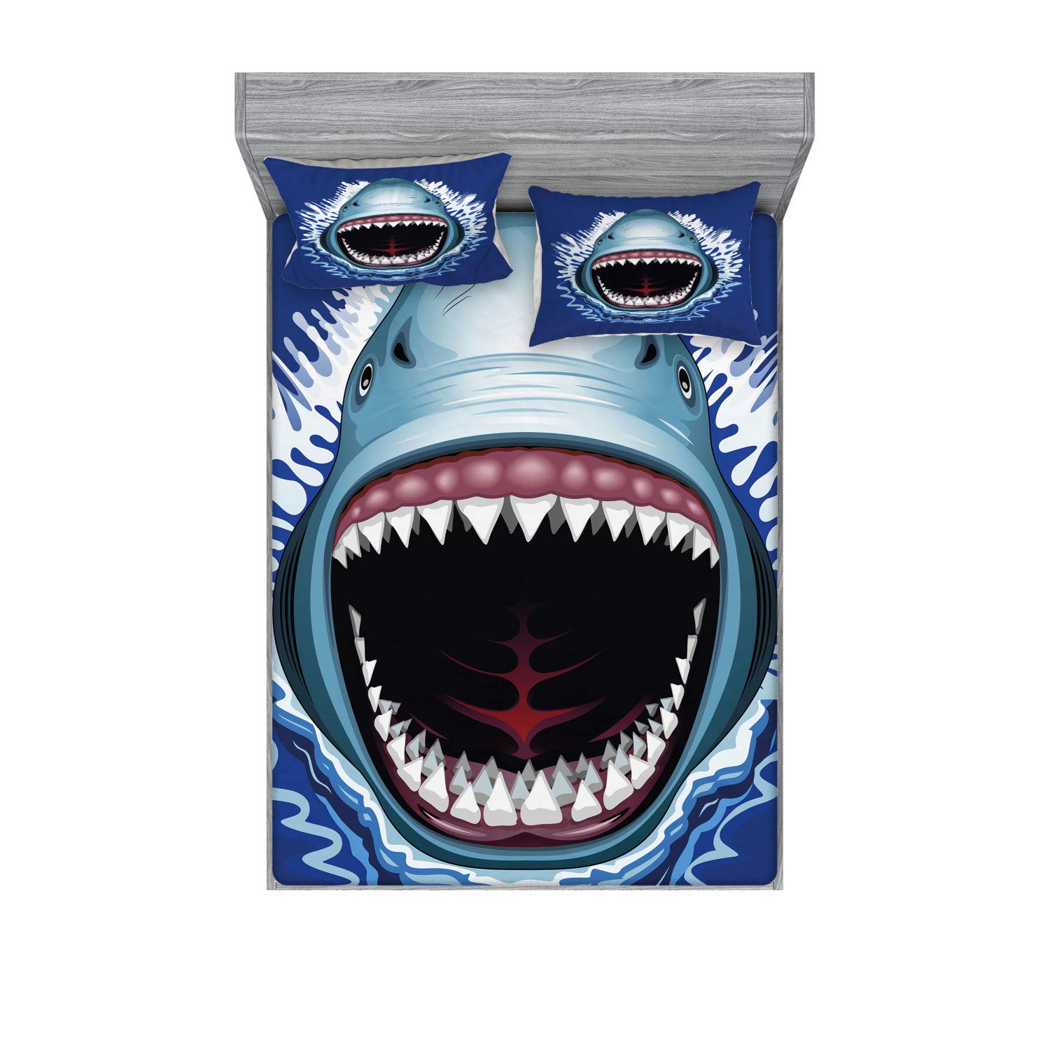 Ambesonne Shark Fitted Sheet & Pillow Sham Set, Attack of Open Mouth Sharp Teeth Sea Danger Wildlife Ocean Life Cartoon, Decorative Printed 3 Piece Bedding Decor Set, King, Blue Grey