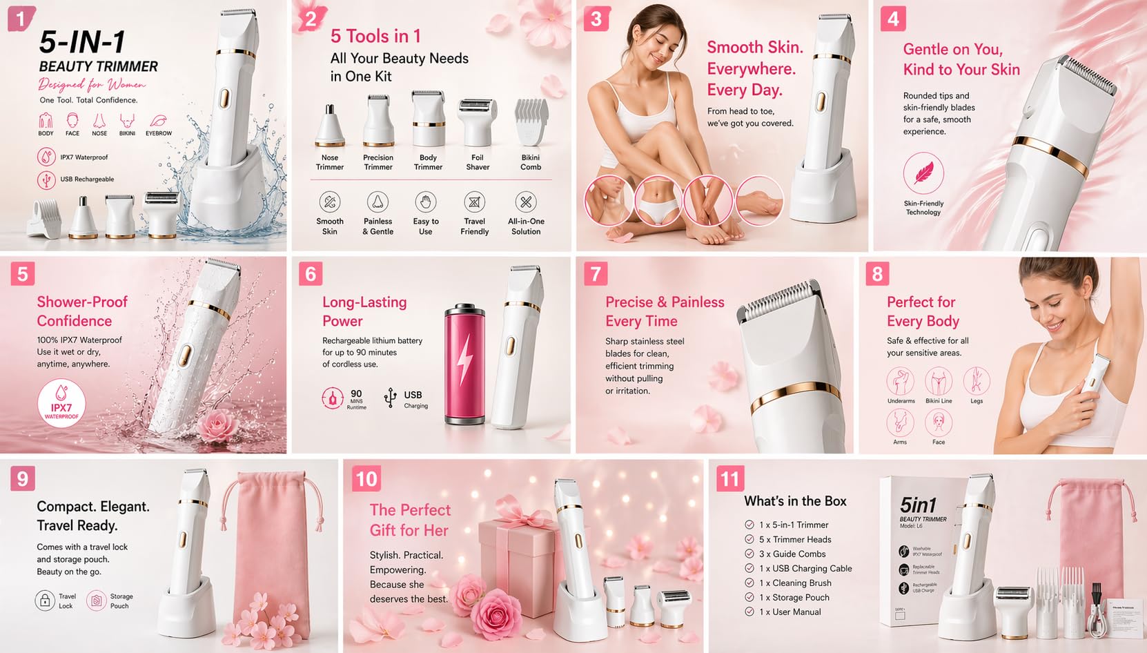 Rasoio elettrico 5 in 1 per bikini, da donna, ricaricabile, impermeabile, per corpo e viso, rasoio indolore per peli pubici con testine intercambiabili, trimmer per naso e viso, ricarica USB, uso