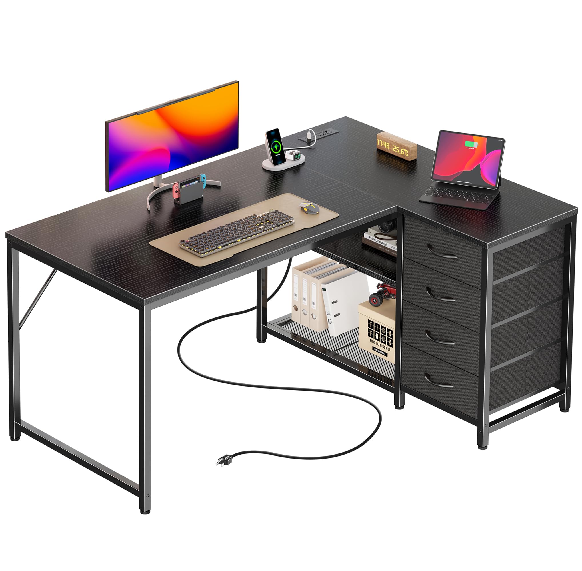 PRAISUN 43.3 Inch Small L Shaped Desk with Power Outlets