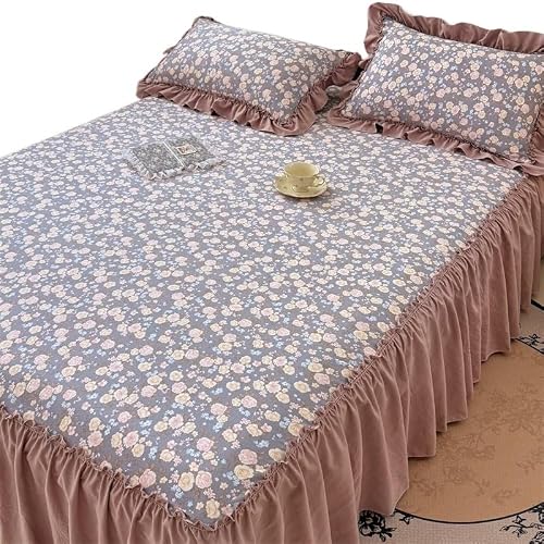 Ruffles Bed Skirt Printed Cover Queen/King Size Bedspread Soft Linen With(H,200x220cm 3pcs set)