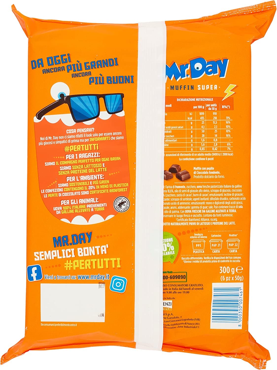7X Mr. Day Muffin con Pepite di Cioccolato Fondente Senza Lattosio (Lactose Free) 300g [CAIYA® BOX da 7 Confezioni]