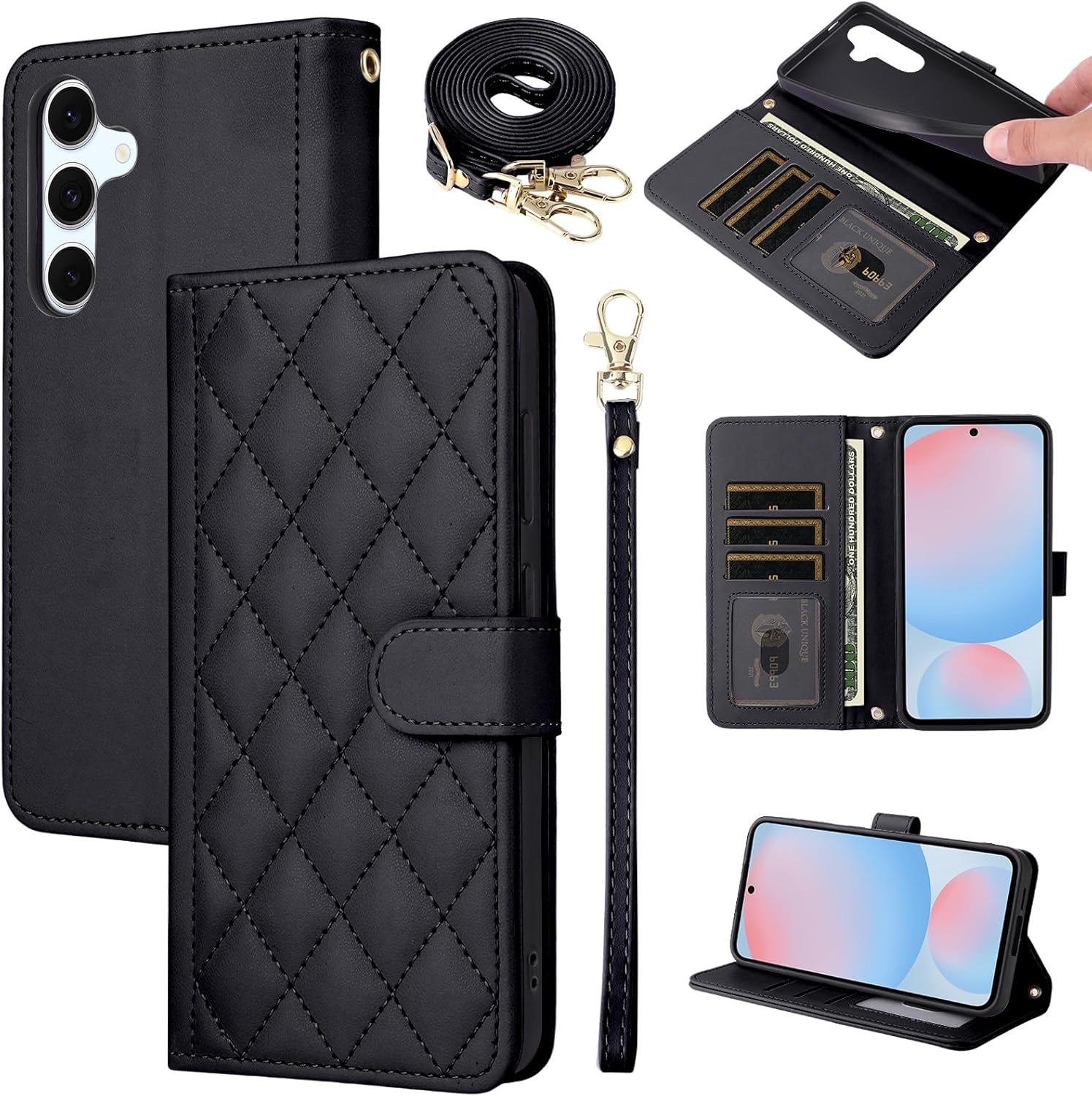Furiet Argyle Wallet Case for Samsung Galaxy S24 Plus/S25 Plus S24+ S25+ 5G Wrist Strap Shoulder Strap, Card Slots Purse, Stand Phone Cover for S24Plus 24S + S 24 24+ S25Plus 25S 25+ Women Men Black