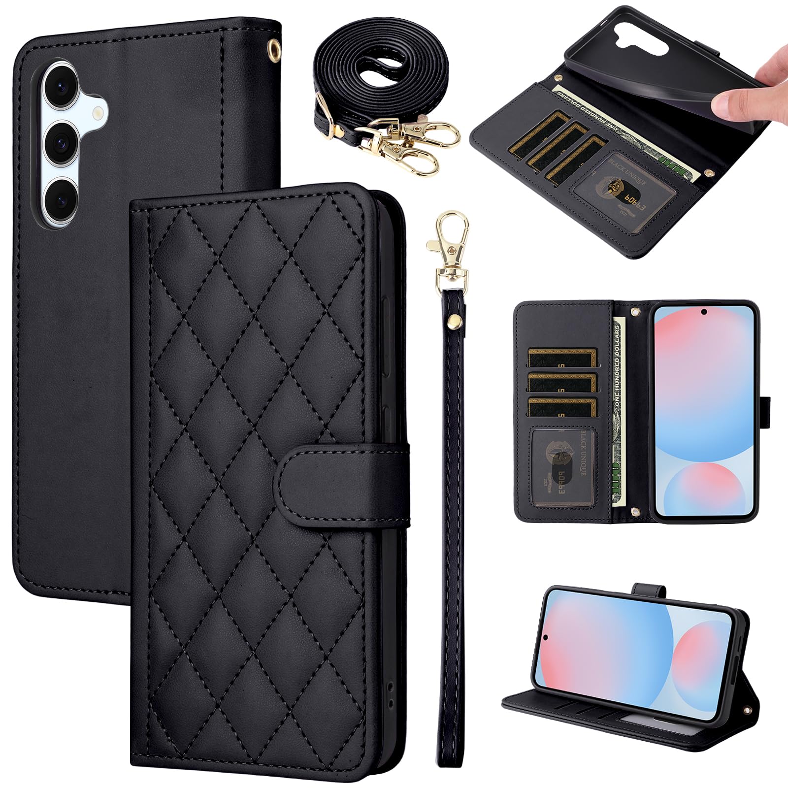Furiet Wallet Case for Samsung Galaxy A14/M14 5G with Wrist Strap, Shoulder Strap, Multiple Card Slots Folio Purse, PU Leather Stand Accessories Cell