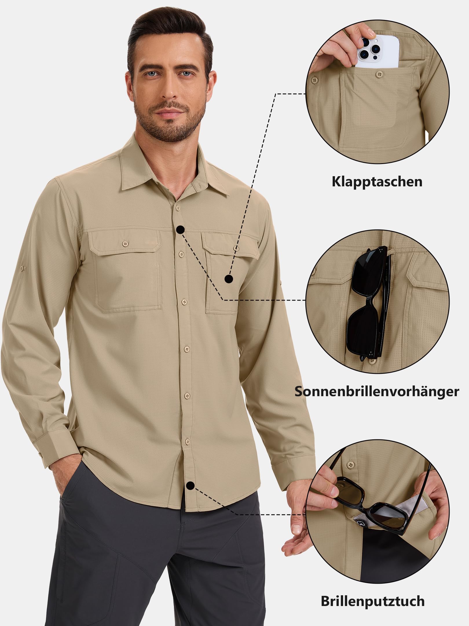 Safari koszula męska, UPF50+, ochrona przed promieniowaniem UV, koszula outdoorowa, męska, koszula funkcyjna, oddychająca, szybkoschnąca, koszula rekreacyjna, zapinana na guziki