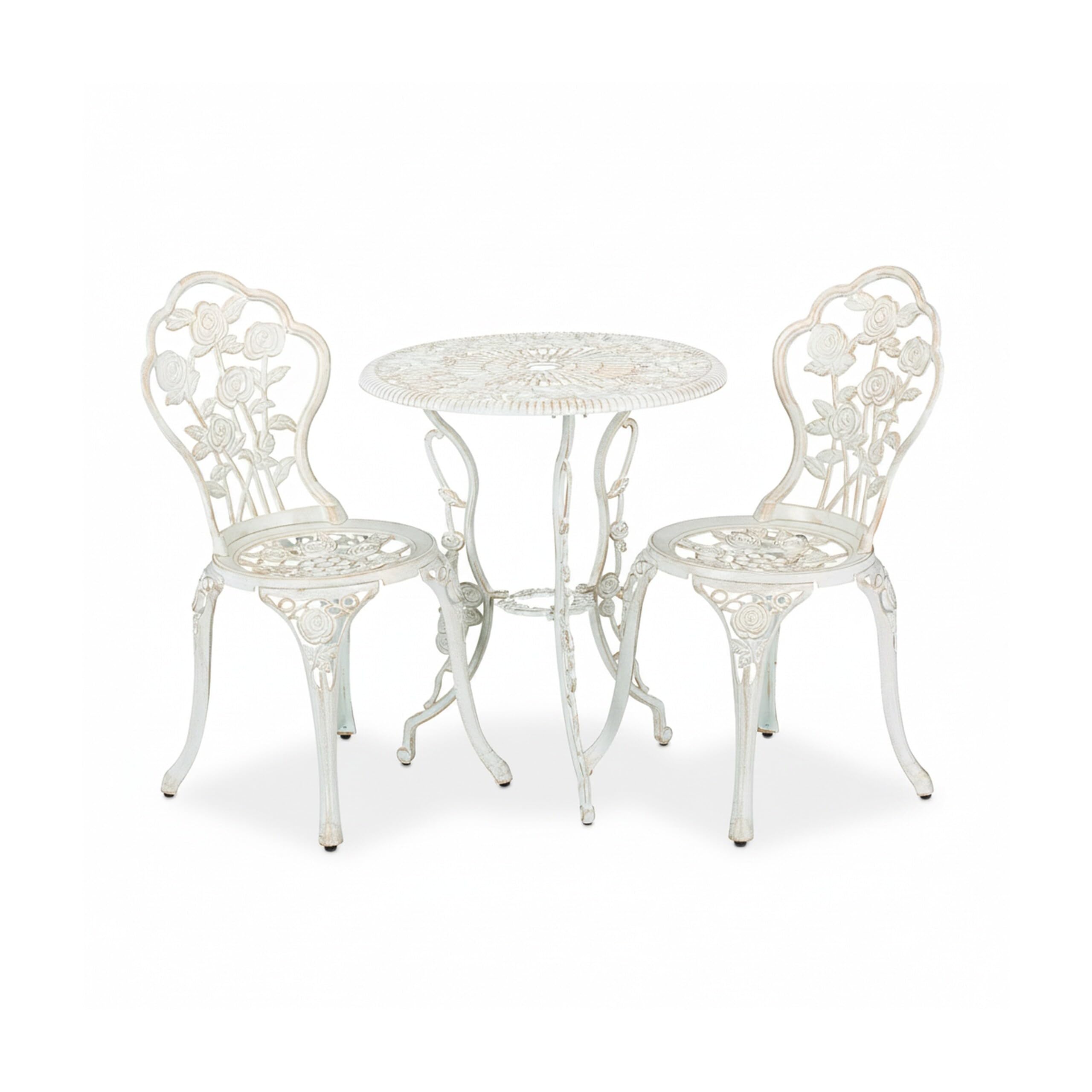 Relaxdays Set da Bistrot da 3, Tavolino da Giardino, 2 Sedie, Balcone, Stile Ferro Battuto, in Alluminio, Bianco Bronzo