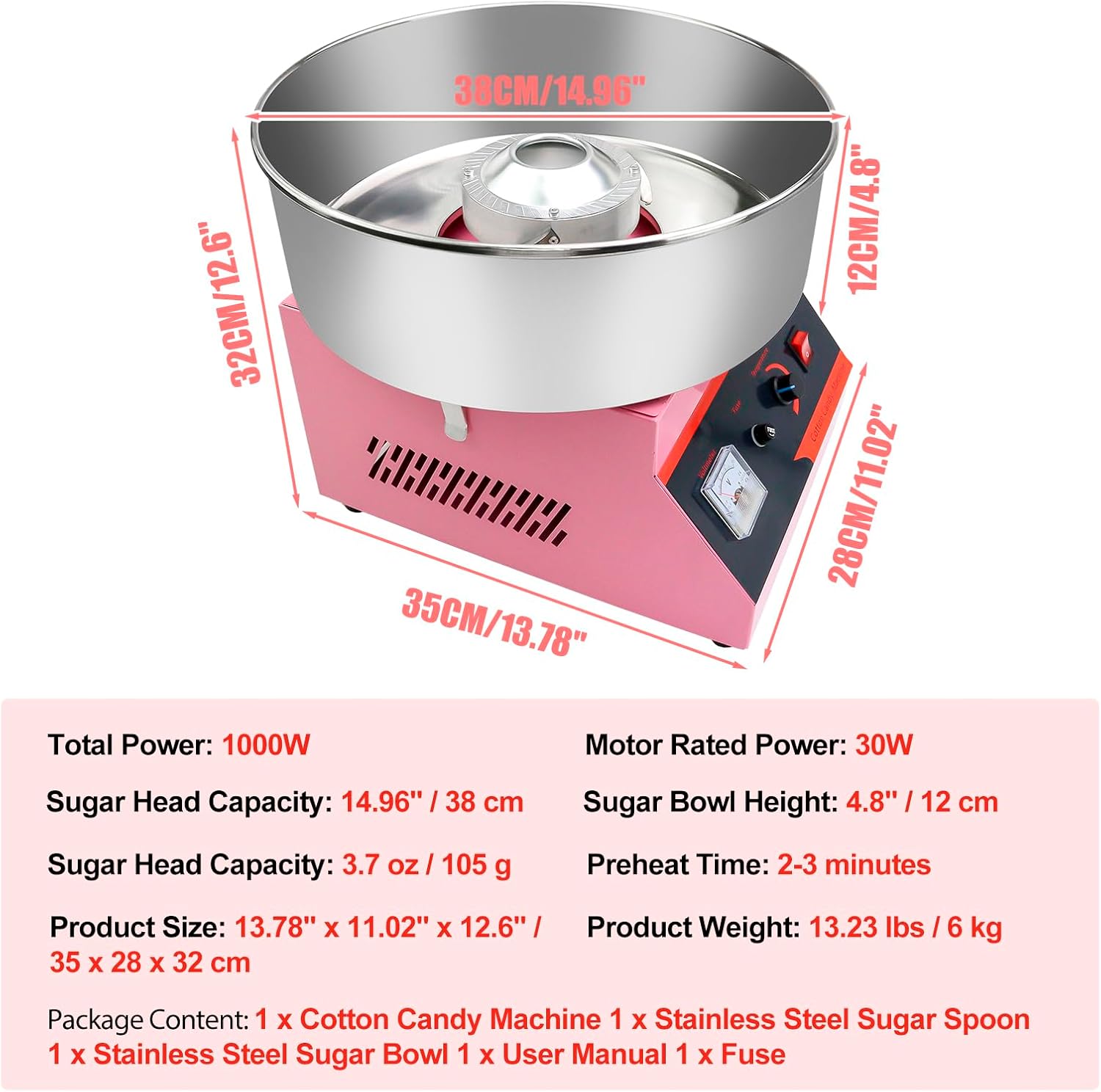 Cotton Candy Machine Commercial, 1000W Professional Cotton Candy Maker Machine with Stainless Steel Bowl, Sugar Scoop and Fuse, Electric Candy Floss Maker for Home Kids Birthday, Family Party, Pink