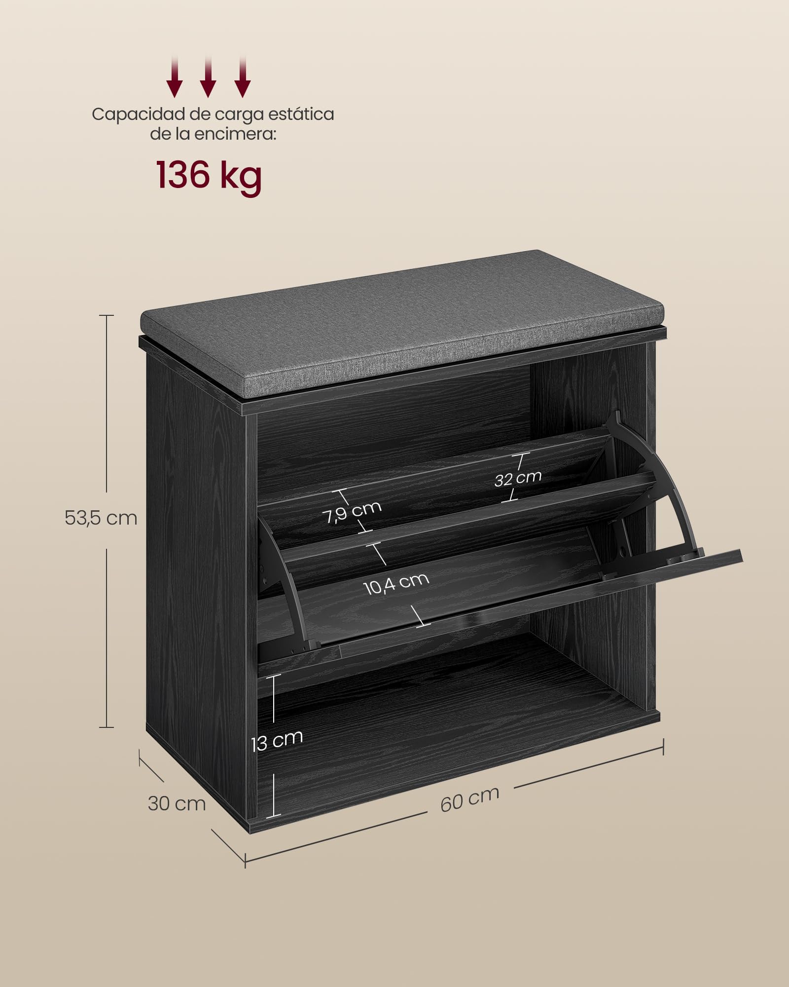 VASAGLE Banco Zapatero Acolchado, Mueble de Recibidor de 3 Niveles para 6 Pares de Zapatos, Cajón Abatible, 30 x 60 x 53,5 cm, para Entrada, Dormitorio, Negro Ébano y Gris Pizarra LSB121BE01