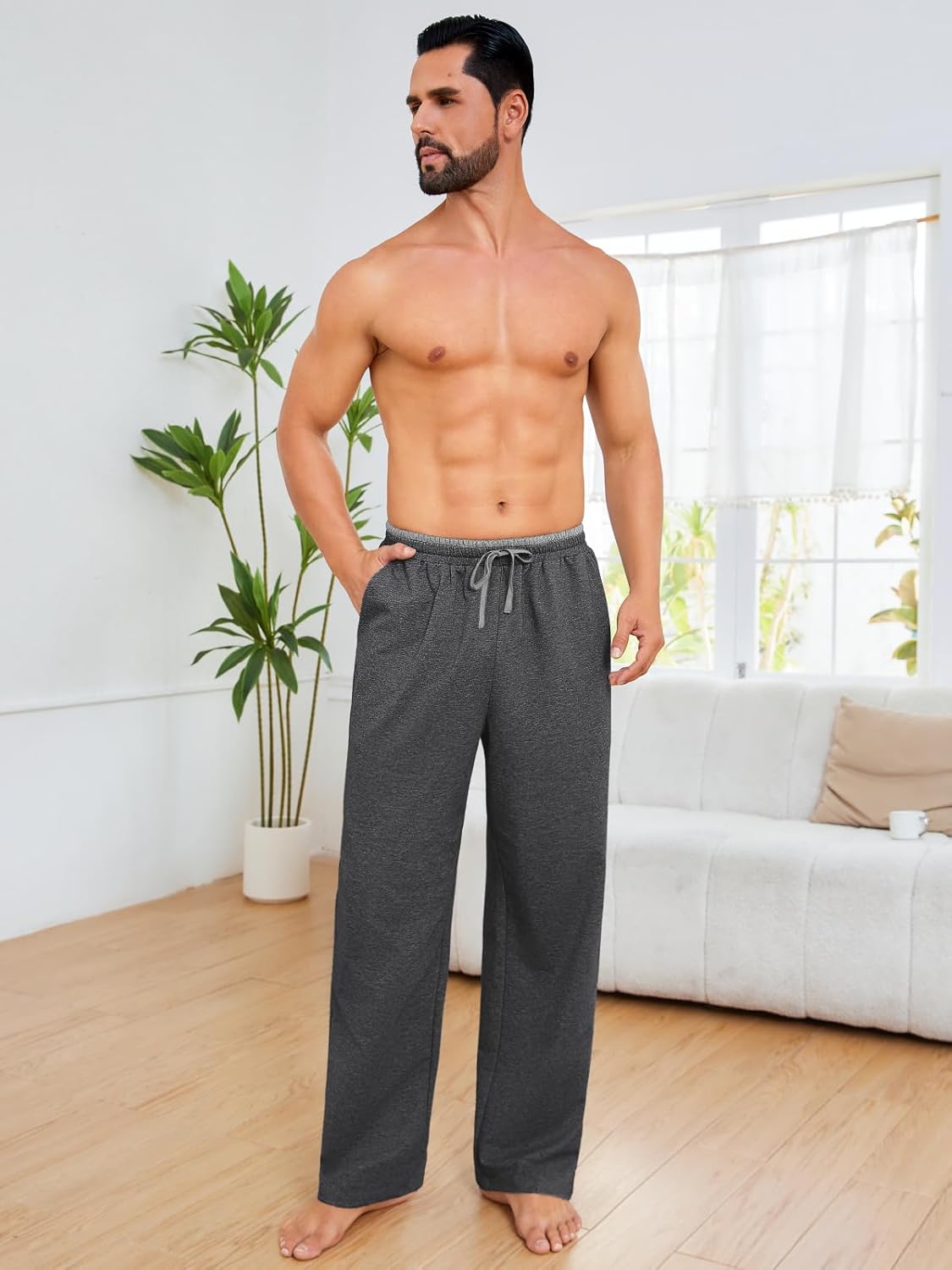 Auxo Men's Cotton Yoga Baggy Sweatpants Athletic Lounge Pants Open Bottom Casual Pants for Men with Pockets - Image 2