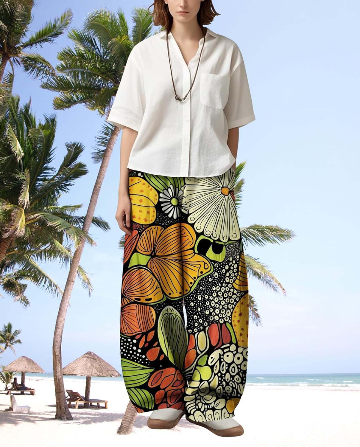 Womens Boho Floral Printed Pants Elastic Waist Wide Leg Casual Trousers Loose Fit Pant with Pockets for 2025 Summer - Image 2