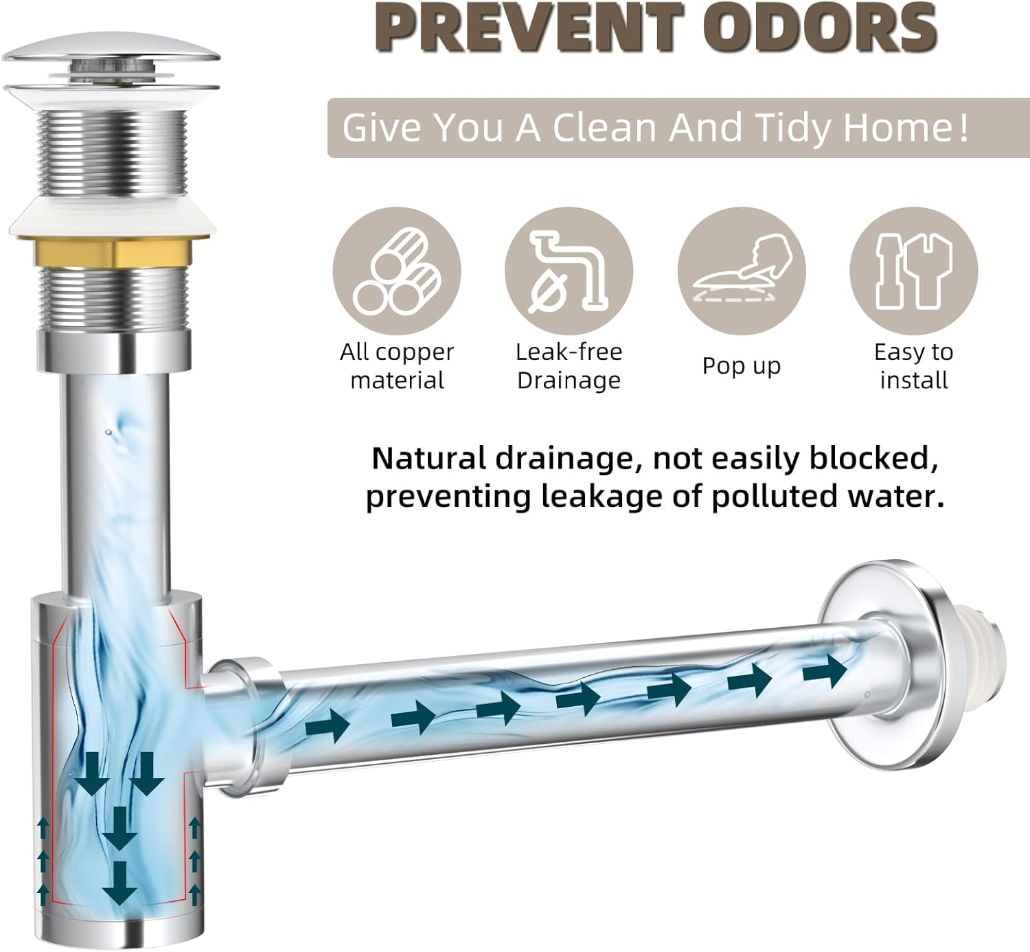 Bathroom Sink Drain, Bathroom Sink P-Trap Drain Kit, Brass Adjustable Bottle Trap with Pop Up Drain Stopper and Overflow - Silver Chrome