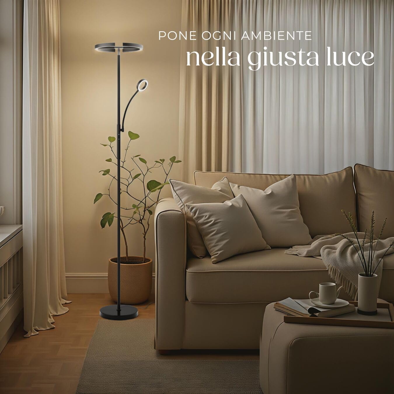 tectake® Lampada da Terra LED 20W, Piantana LED con Luce da Lettura Integrata, Arco Flessibile, Dimmerabile, Temperatura Colore Regolabile, Pannello Touch, Telecomando Magnetico - Nero