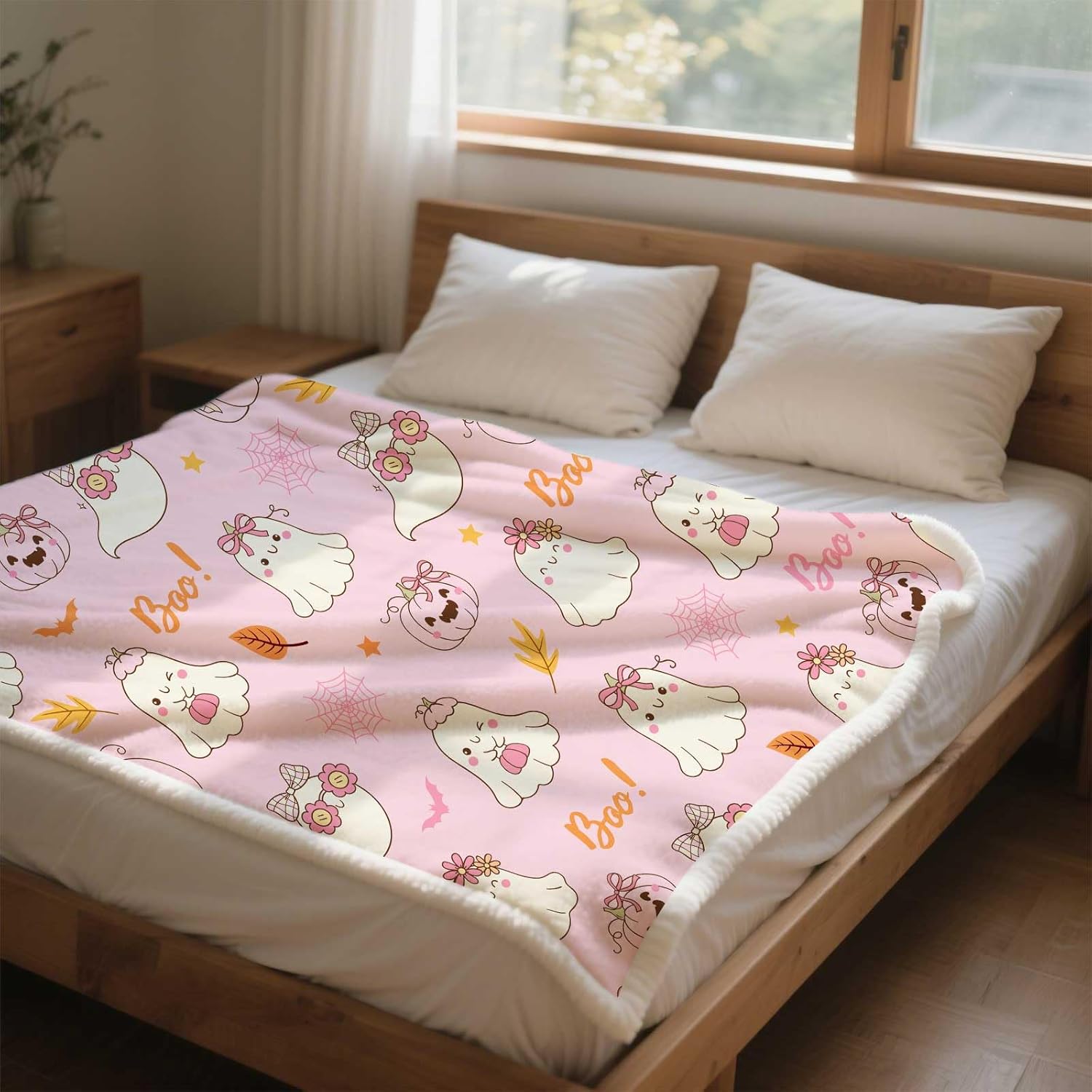Halloween Throw Blanket, Cute Ghost Blankets Pink Ghost Boo Blanket, Soft, Flannel, Warm, Halloween Theme Bed Blankets All Season for Couch Bedroom Living Room, Pink-1 50X60 Inch