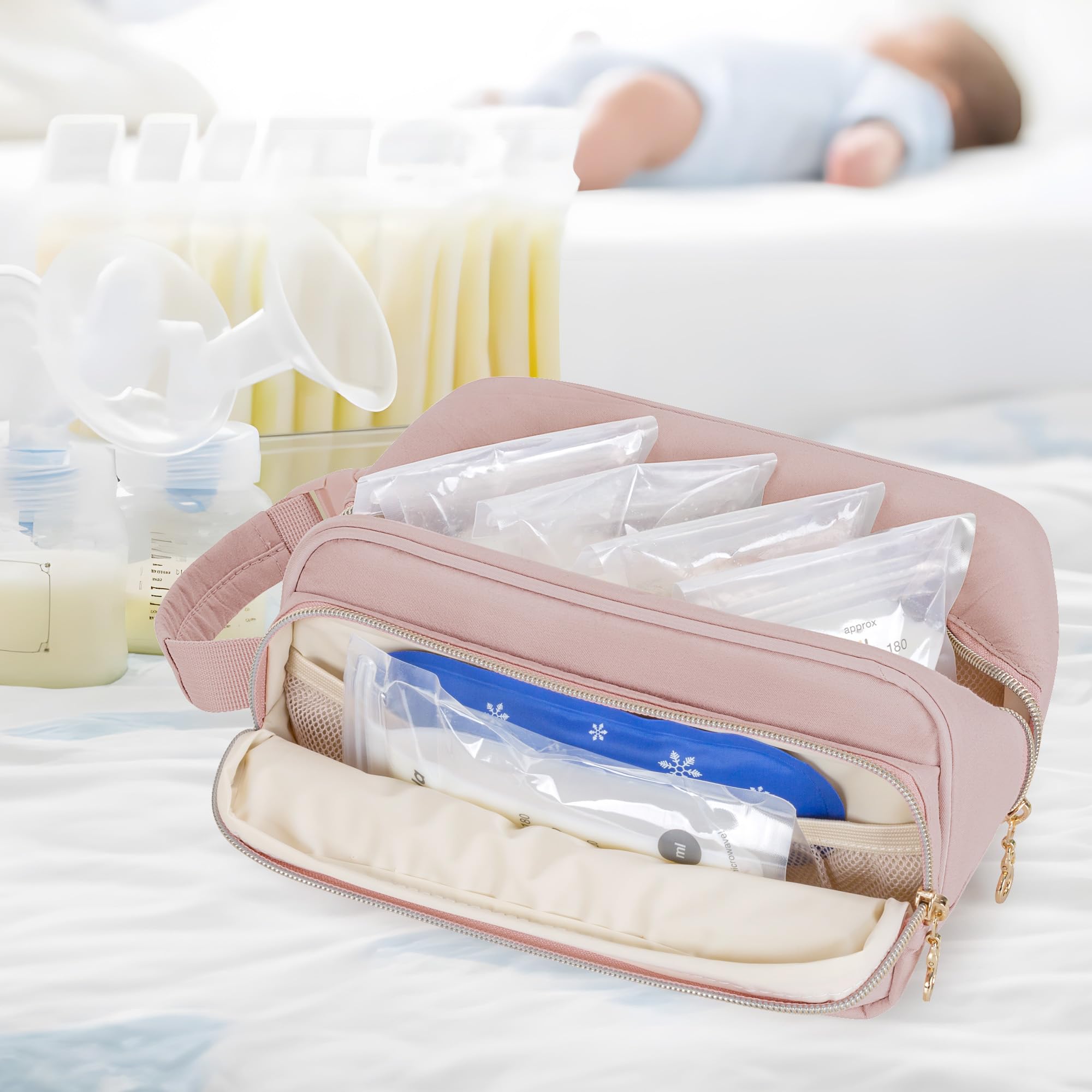 Damero Borsa Termica per Latte Materno con 4 Pacchetti di Ghiaccio, Borsa Termica per Biberon di Latte Materno per Biberon da Viaggio per Madre Che Allatta, Rosa