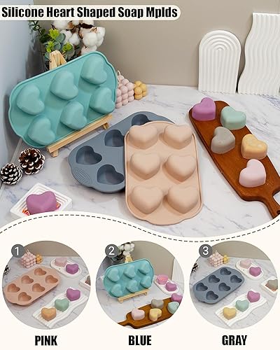 Miniatura 2 de Moldes de silicona para jabón, 6 agujeros, molde de silicona en forma de corazón para jabón de pastel de chocolate, paquete de 3 moldes