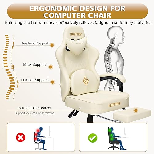 Miniatura 6 de HOFFREE Silla de juegos para computadora con altavoces, sillas de juegos de masaje con reposapiés, Bluetooth, respaldo alto, ergonómicas, sillas de