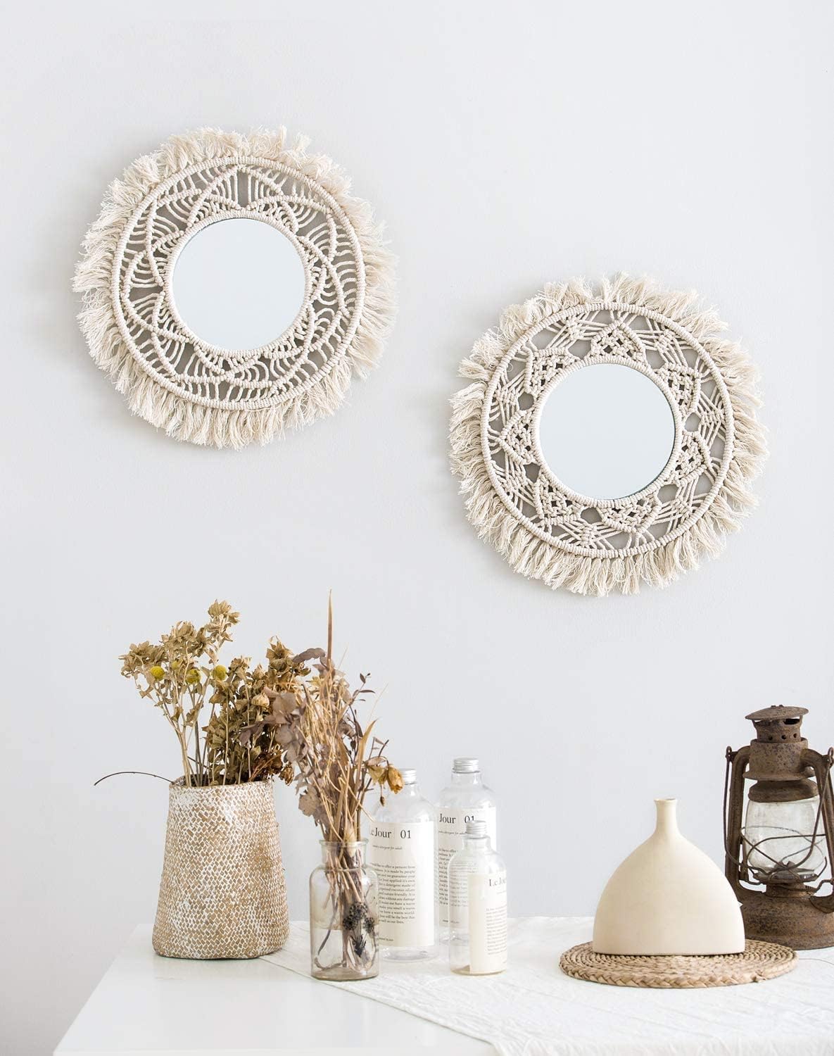 Mkono Hanging Wall Mirror with Macrame Fringe Round Boho Mirror Art Decor for Apartment Living Room Bedroom Baby Nursery Dorm Entryways, Set of 3