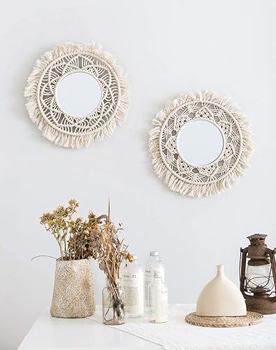 Miniatura 4 de Mkono Espejo de pared colgante con flecos de macramé, espejo redondo bohemio, decoración artística para apartamento, sala de estar, dormitorio,