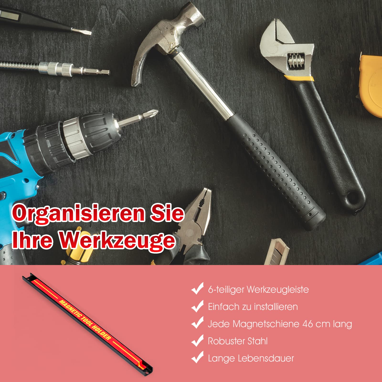 GYMAX Magnetschiene Werkzeug Set 46 cm 10 kg belastbar Magnethalter Werkzeug Organizer Wand Rot