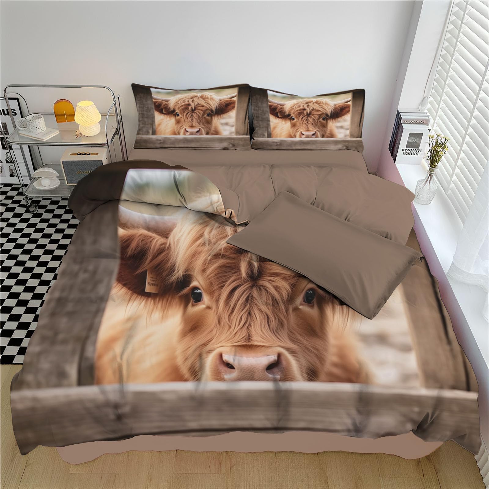 Parure de lit 240x260 cm avec housse de couette et taies d'oreiller motif vache des Highlands brun