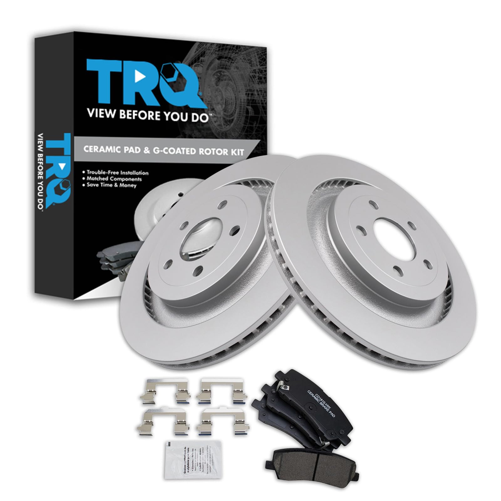 TRQ Rear Brake Pad and Rotor Set Ceramic G Coated Rotors Compatible with 2015-2018 Ford Mustang