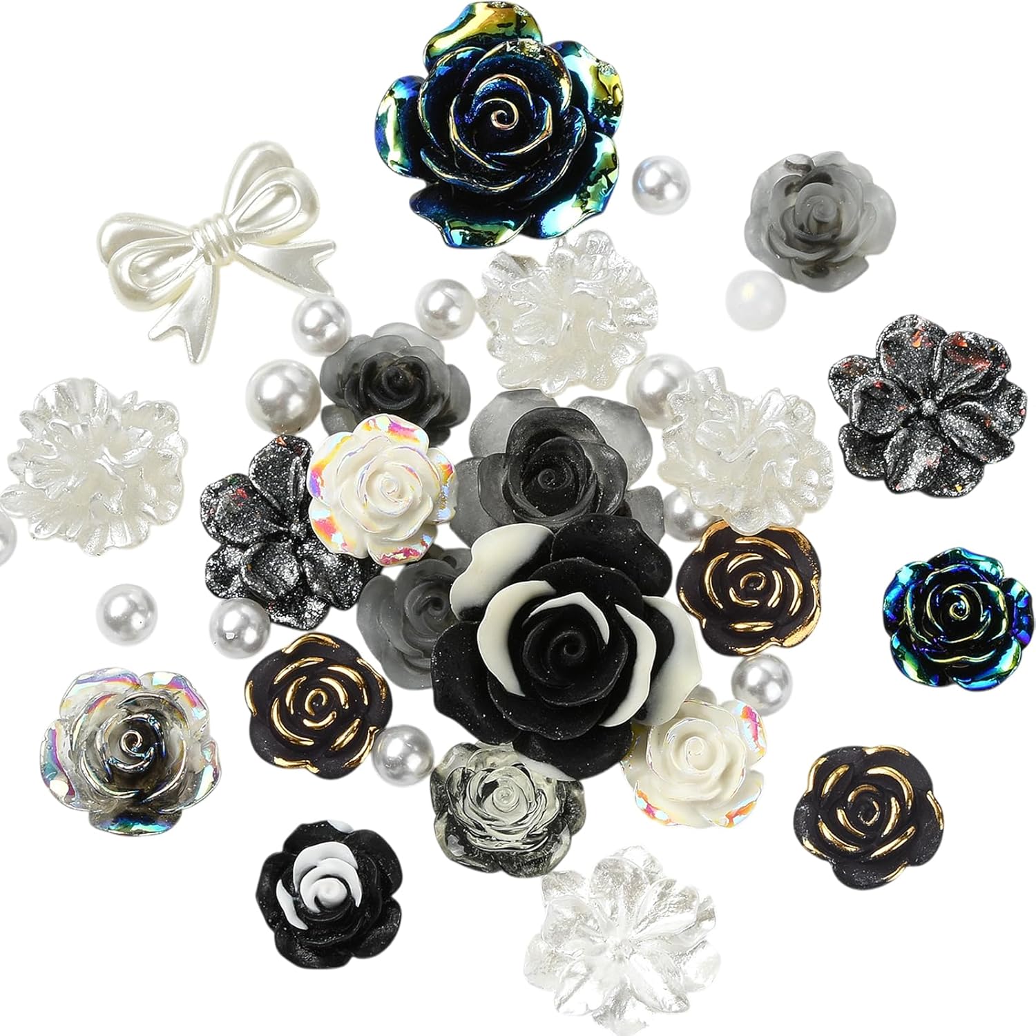 BEEFLIYNG 1 Pack Random 3D Resin ABS Colorful Rose Flower Butterfly Bow Charm Pearl Bead Floral Cabochon for Bracelet Earring Phone Case Craft DIY Jewelry Making(Black)