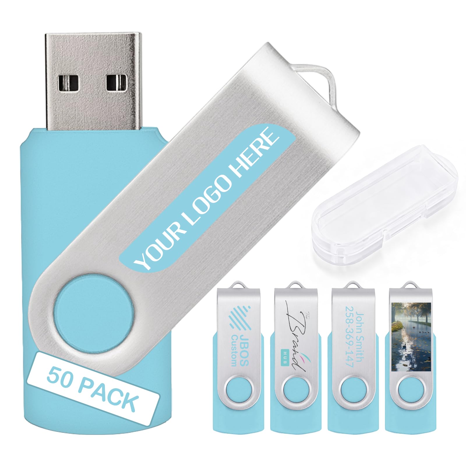 Zestaw 50 niestandardowych pendrive'ów USB 32 GB USB 2.0, spersonalizowane pendrive z logo do biznesu, wydarzeń, drukowania tekstu lub obrazu, niestandardowe karty pamięci JBOS - jasnoniebieskie