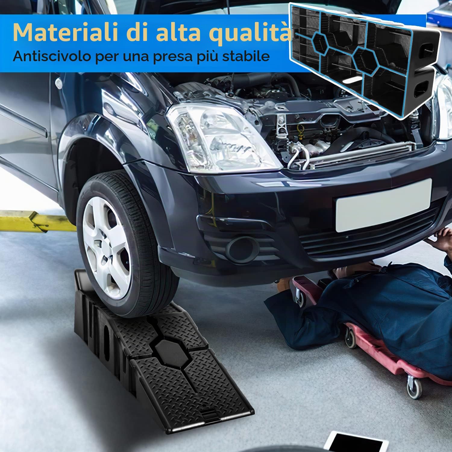Herrselsam Set di 4 rampe di sollevamento per auto, in plastica, portata fino a 3 tonnellate, antiscivolo, con protezione anti-attraversamento per auto e veicoli