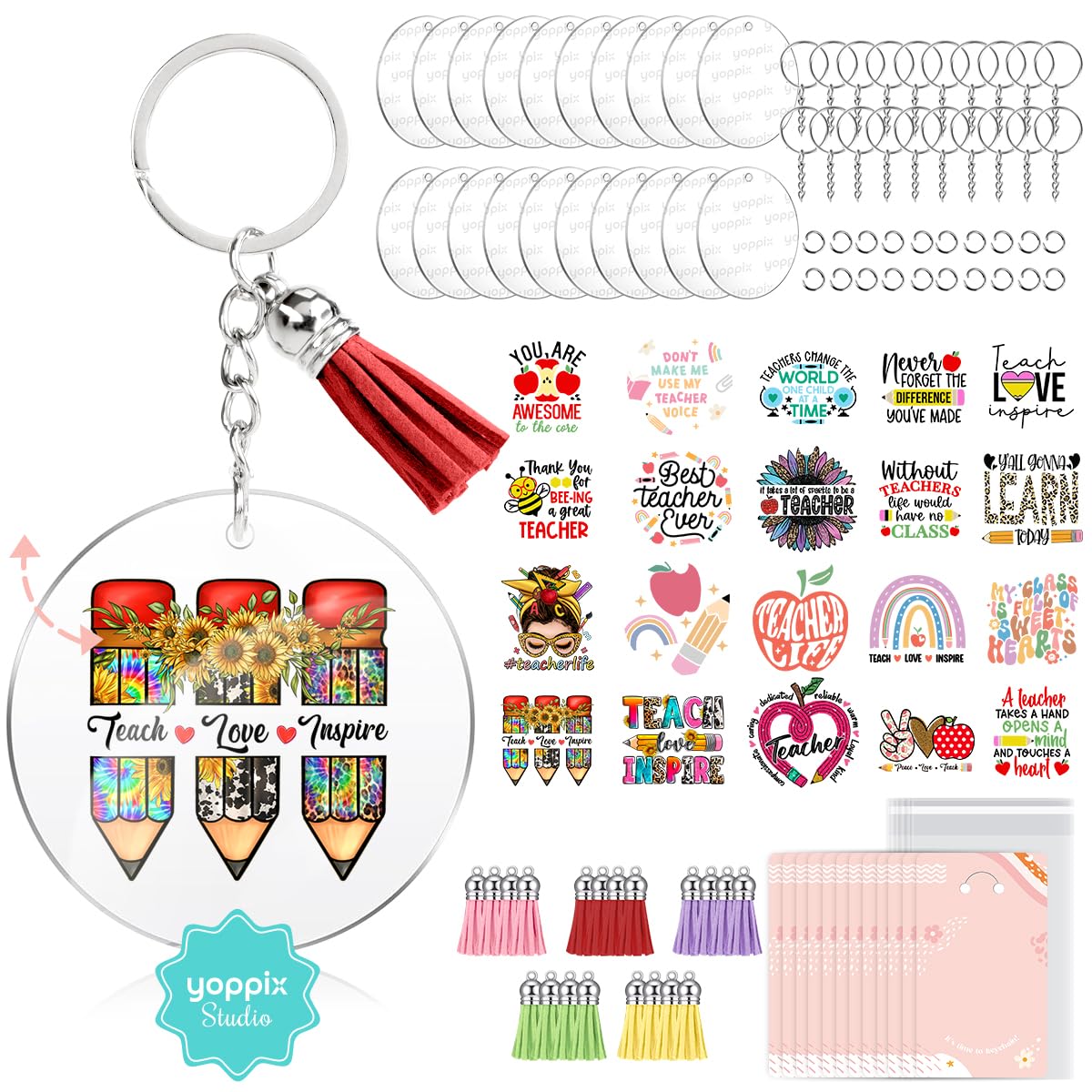 YOPPIX 140 PCS Acrylic Keychain Blank Set, Teachers Double-Sided UV DTF Stickers Acrylic Keychain Making Kits for Vinyl DIY Craft Project