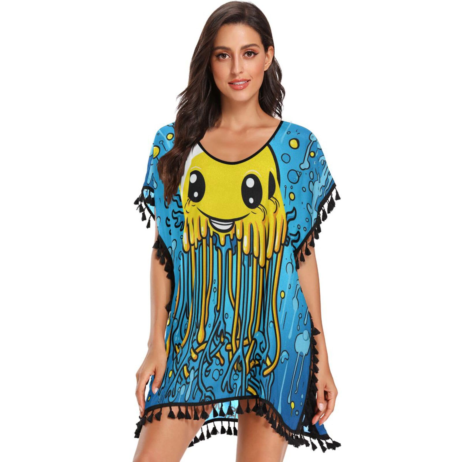 KAAVIYO Cute Cartoon Octopus Women's Beach Cover Up Chiffon Tassel Swimwear Swimsuit Coverups for Girl