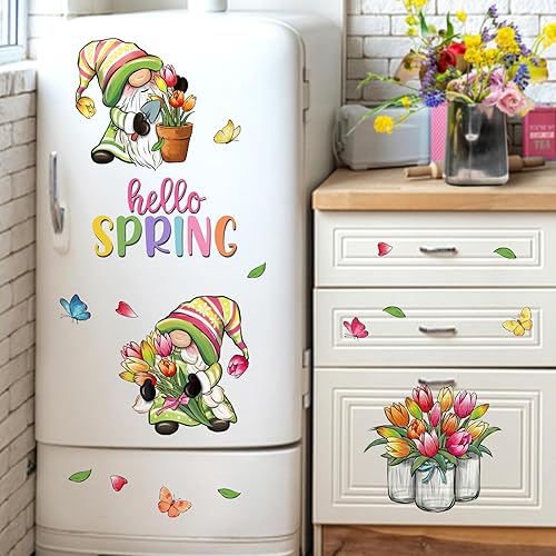 Miniatura 5 de Mfault 102 calcomanías de pared con diseño de gnomo de Hello Spring, 9 hojas, calcomanías de pared de girasol, margaritas y mariposas, decoración de