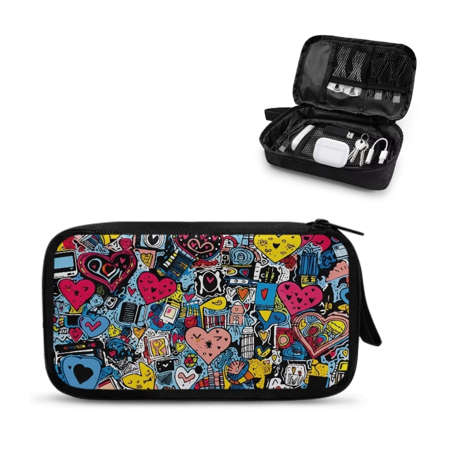 Sepetwhos Love Heart Print Electronic Organizer, Travel Cable Organizer, Portable Waterproof Pouch, Electronic Accessories Storage Case for Cable,