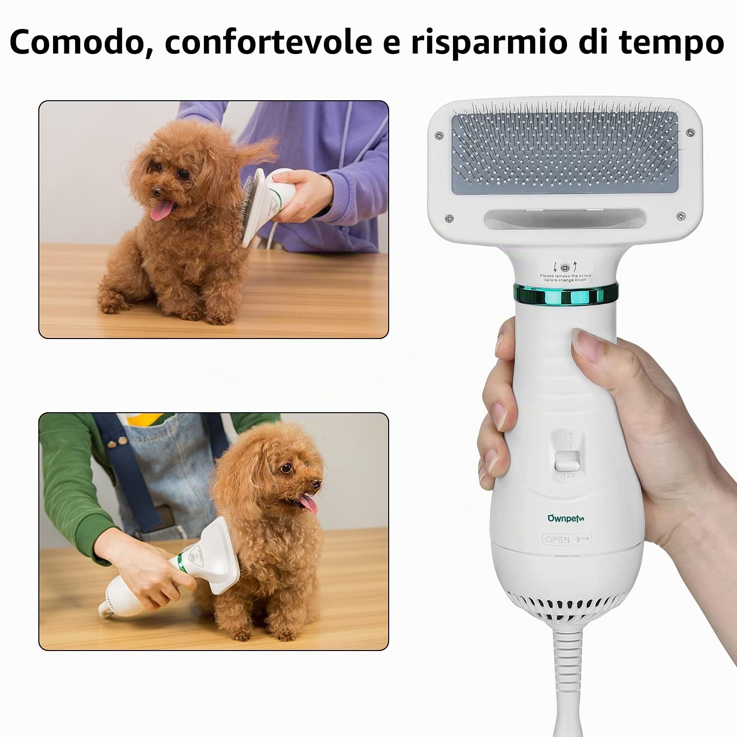 Ownpets Asciugacapelli per cani con pettine in pelliccia, 2 in 1, asciugacapelli per animali domestici, temperatura regolabile, asciugacapelli per cani, gatti o altri animali domestici