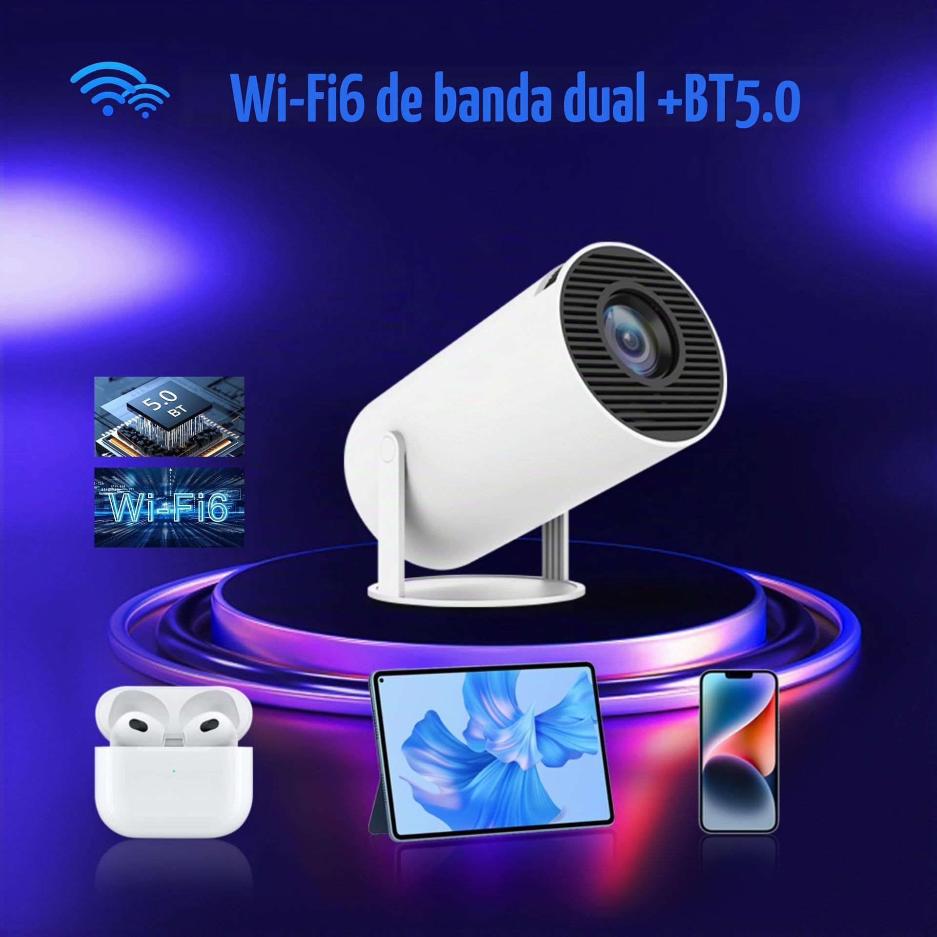 Mini proyector 4K compatible, videoproyector portátil WiFi 6 Bluetooth, proyector de vídeo con llave automática, 130 pulgadas, giro 180 grados, sistema operativo Android 11.0 (gris)
