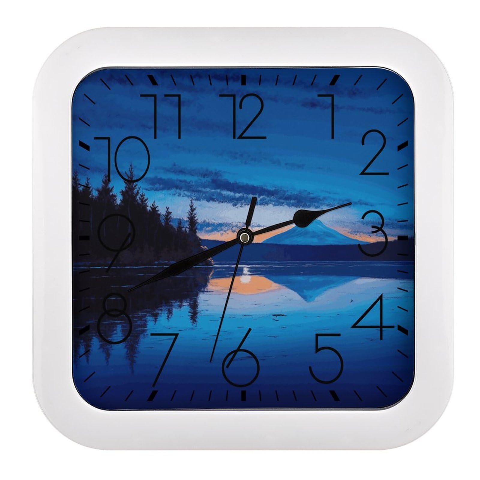 Horloge murale carrée de 25,4 cm avec motif coucher de soleil bleu pour salon