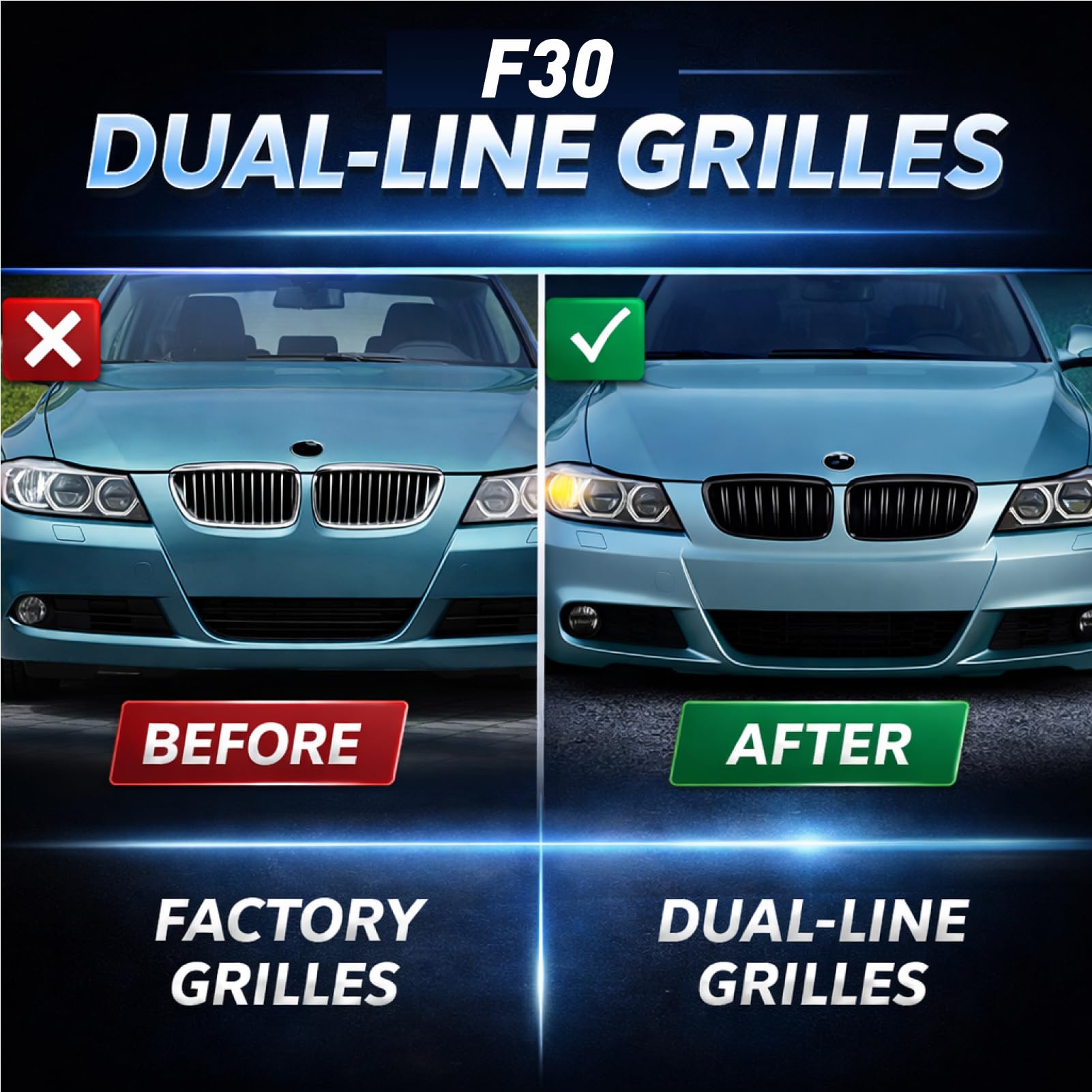 F30 F31 Kühlergrill Abs Schwarz Glänzend Doppelstange Für F30 F31 2012-2018 2012 2013 2014 2015 2016 2017 2018, Kühlergrille Tuning Stoßstange Stangen Streifen (F30 1329)