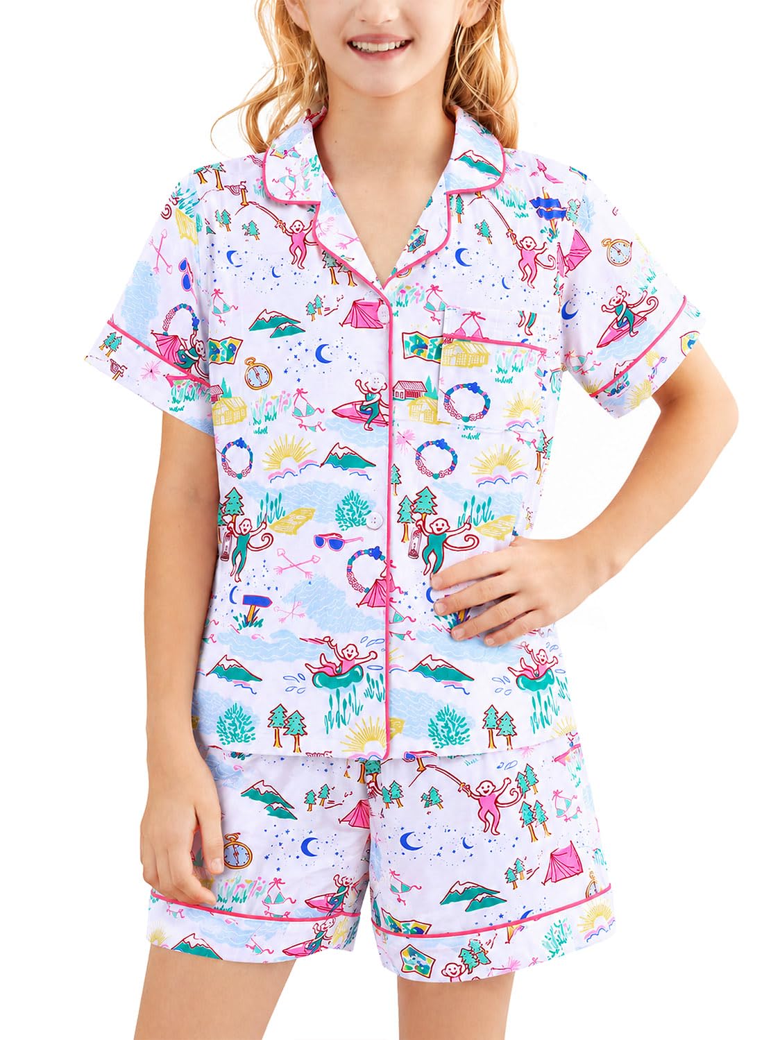 Girls Pajamas Sets, Kids Monkey Button Down Sleepover Loungewear